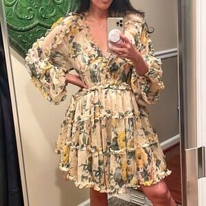 o.p.t. Floral Ruffled Tiered Short Dress NWT Bouncy Long Sleeves